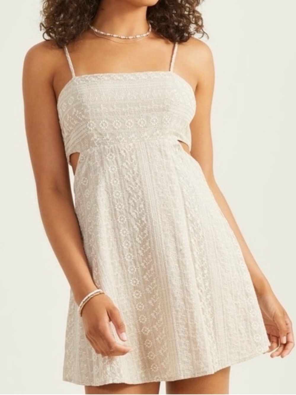 Trixxi Cream Lace-Textured Spaghetti-Strap Mini Dress